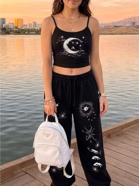 Black Celestial Print Crop Cami & Jogger Set XL